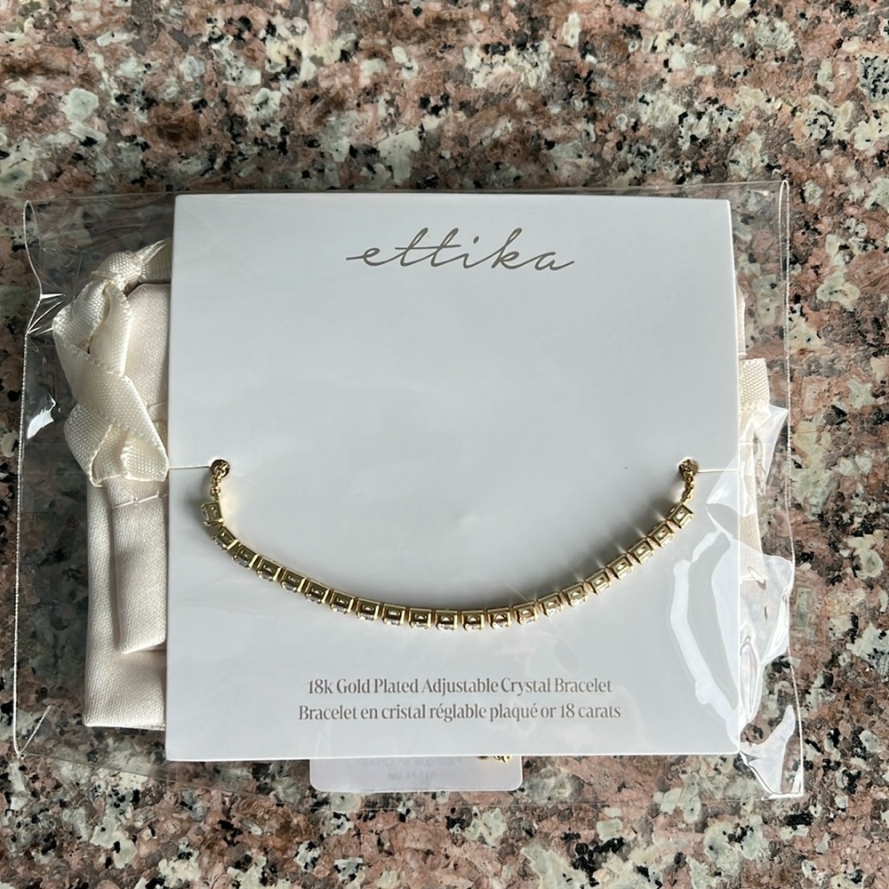 NEW Ettika 18k Gold Plated Adjustable Dainty Crystal Bracelet with Silk Pouch